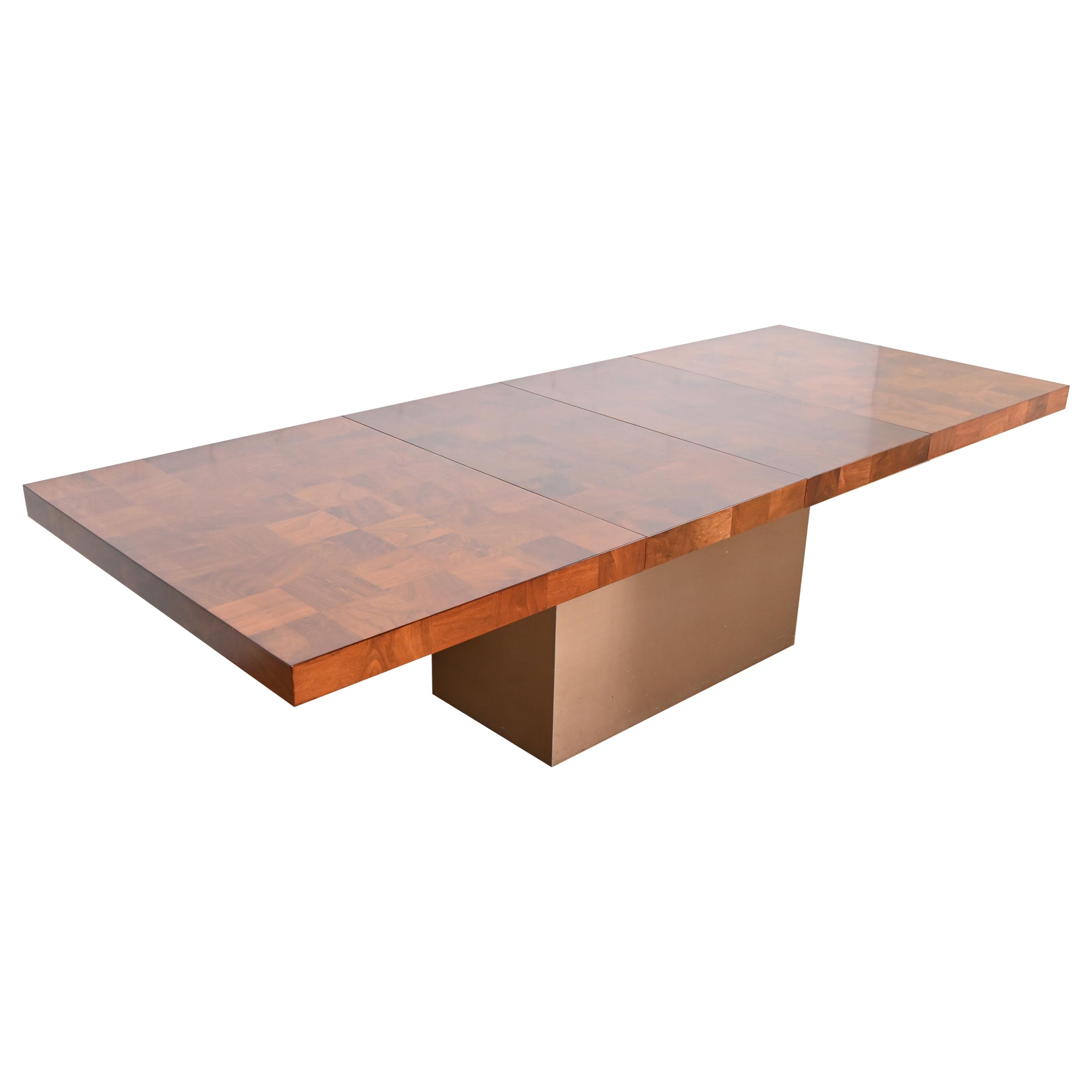 Milo Baughman for Thayer Coggin Burl Wood and Chrome Pedestal Dining Table