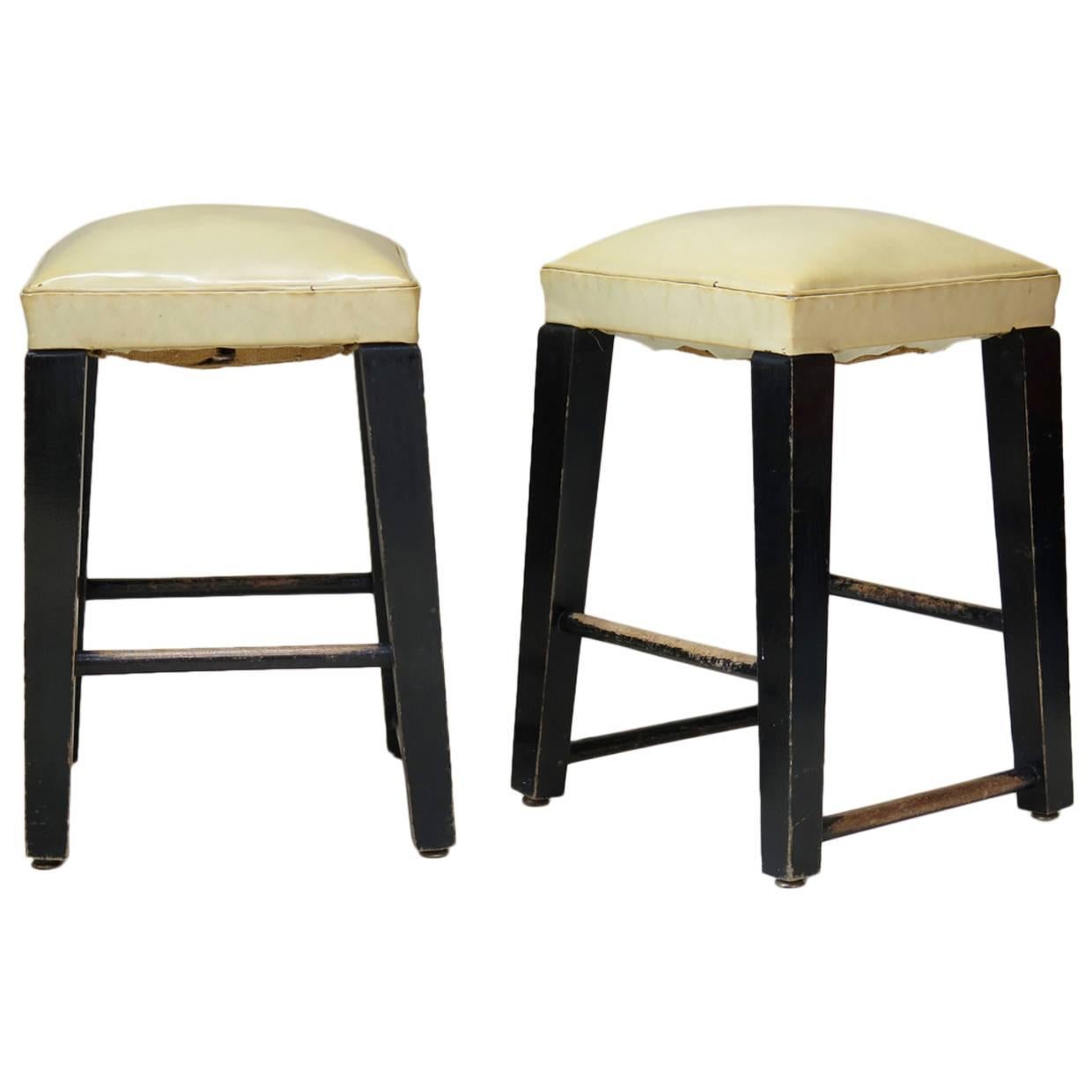 Pair of Wood and Faux-Leather Stools, France, circa 1950s For Sale