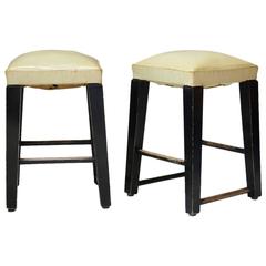 Vintage Pair of Wood and Faux-Leather Stools, France, circa 1950s