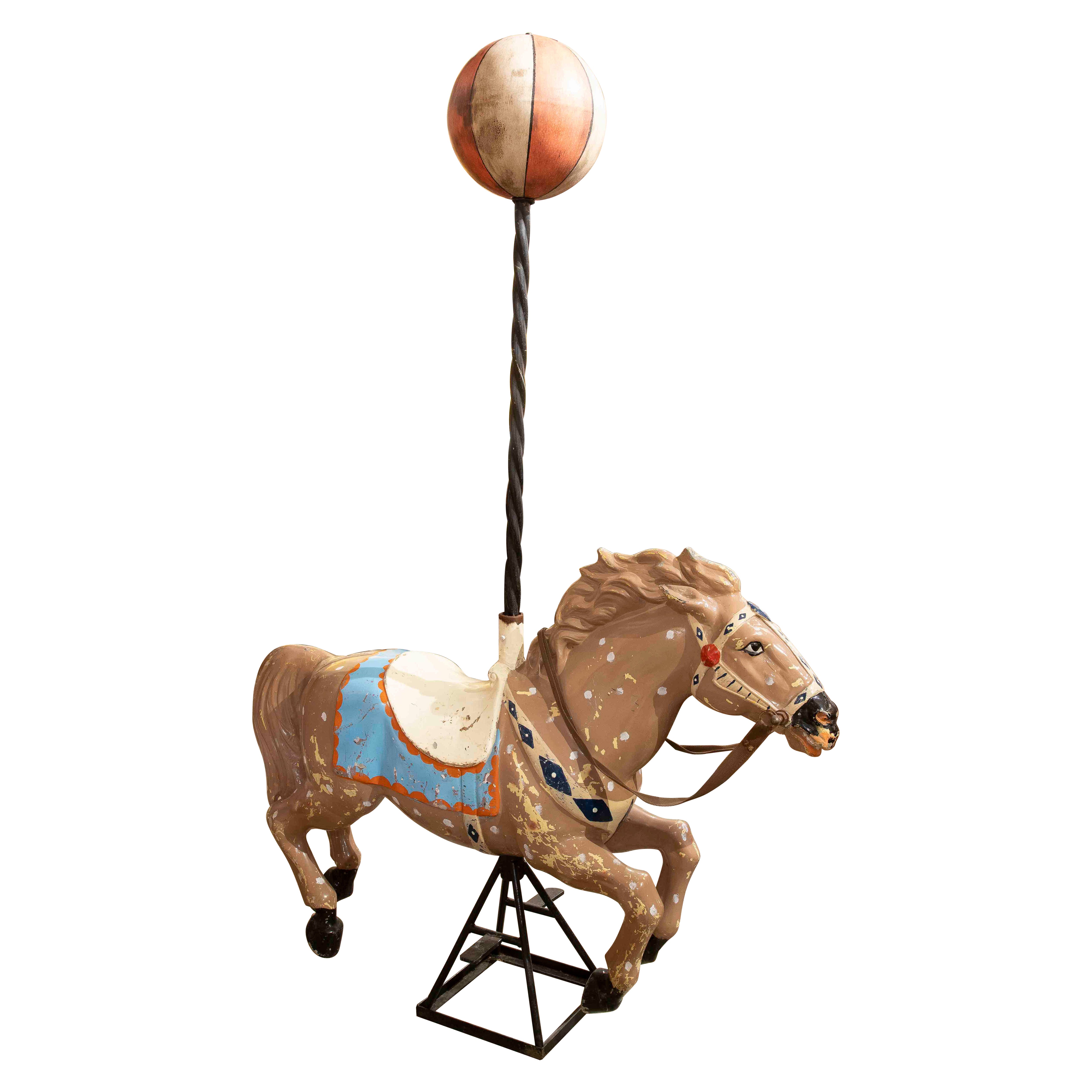 1970s Hand Painted Vintage Carousel Horse with Decorative Sphere
