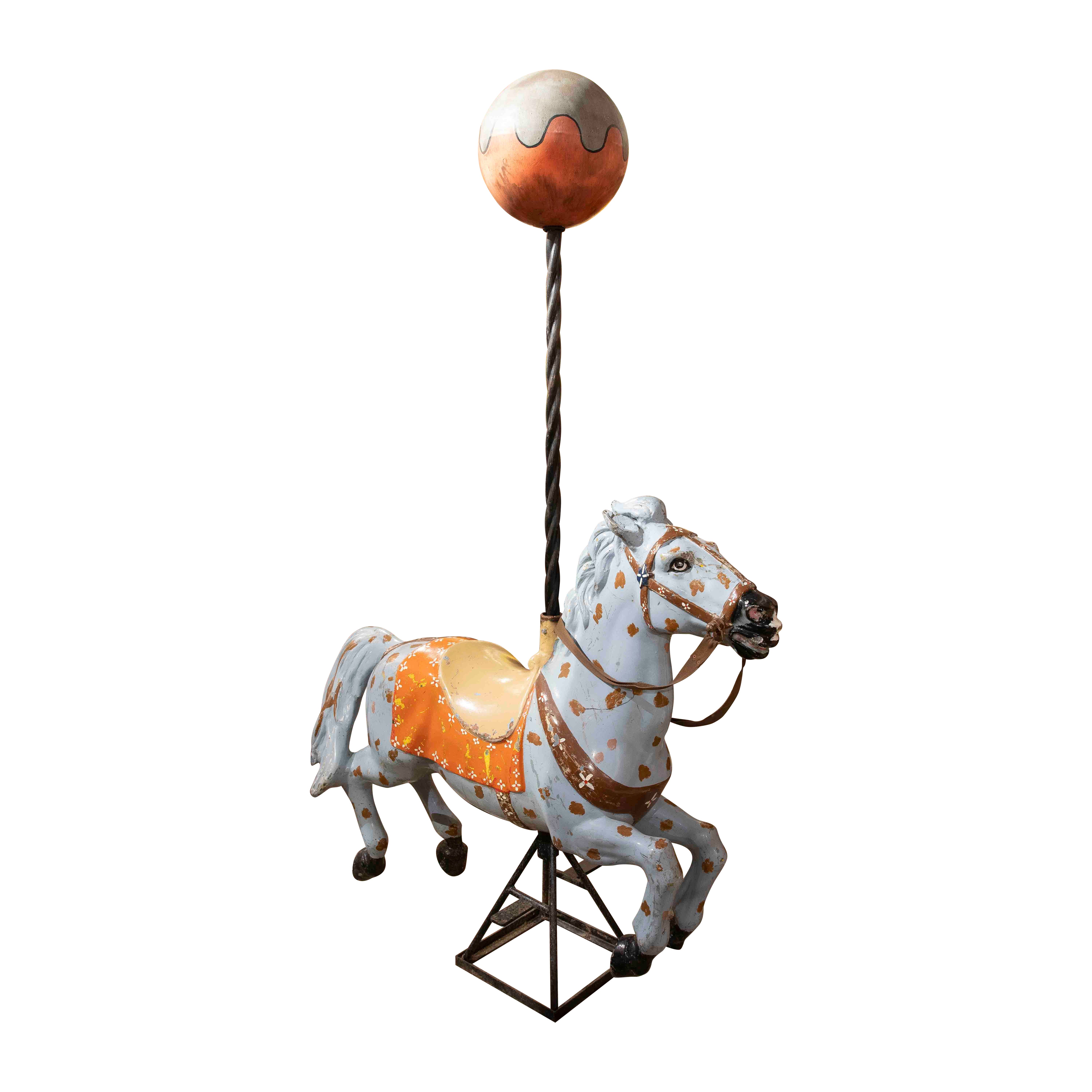 1970s Hand Painted Vintage carousel Horse with Decorative Sphere For Sale
