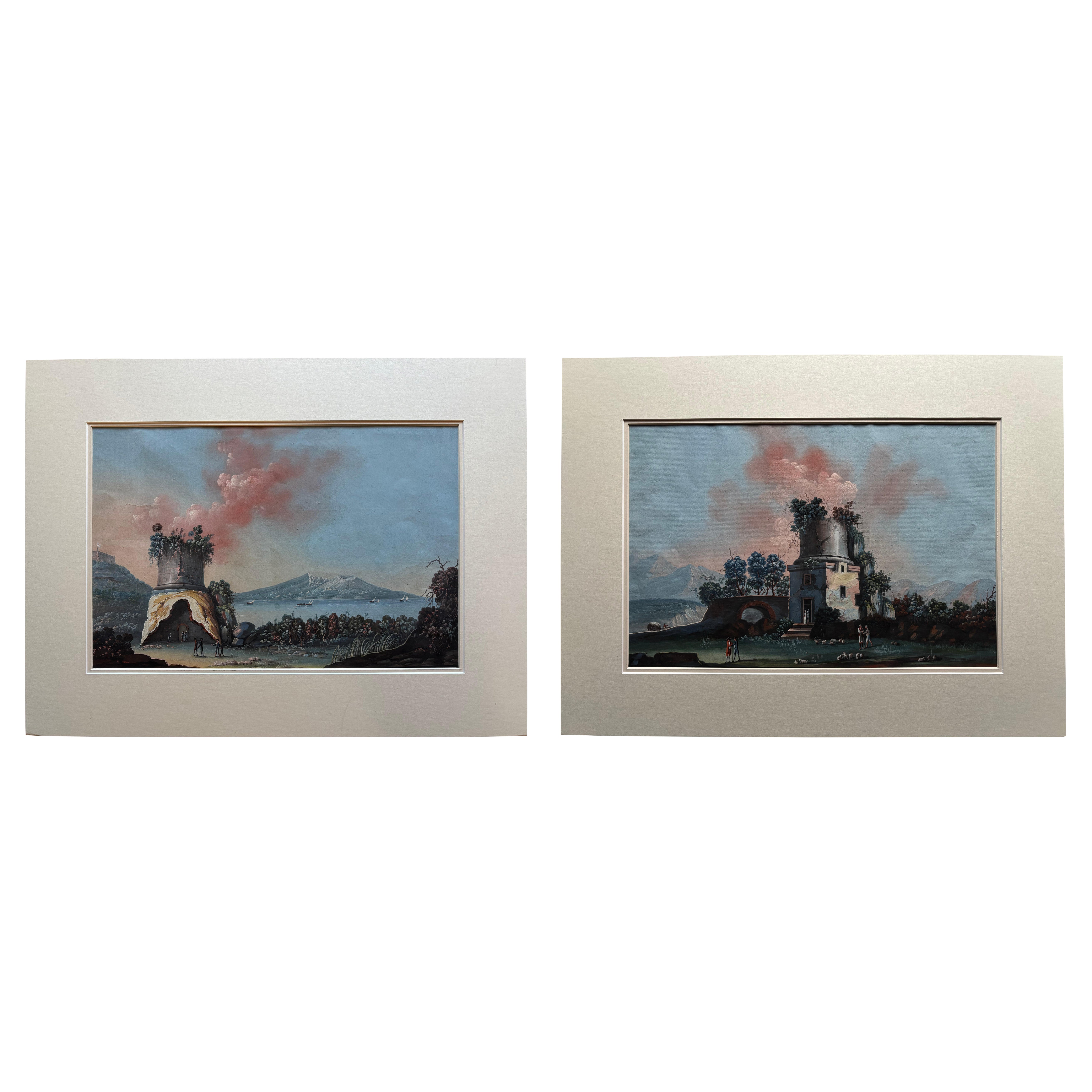 Pareja de gouaches del Grand Tour italiano de los siglos XVIII o XIX Del Vesubio, la bahía de Nápoles