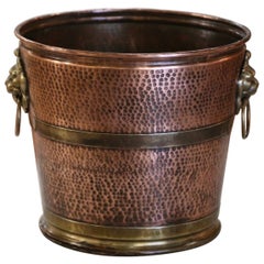Antique 19th Century French Hammered Copper and Brass Circular Basket or Cache-Pot