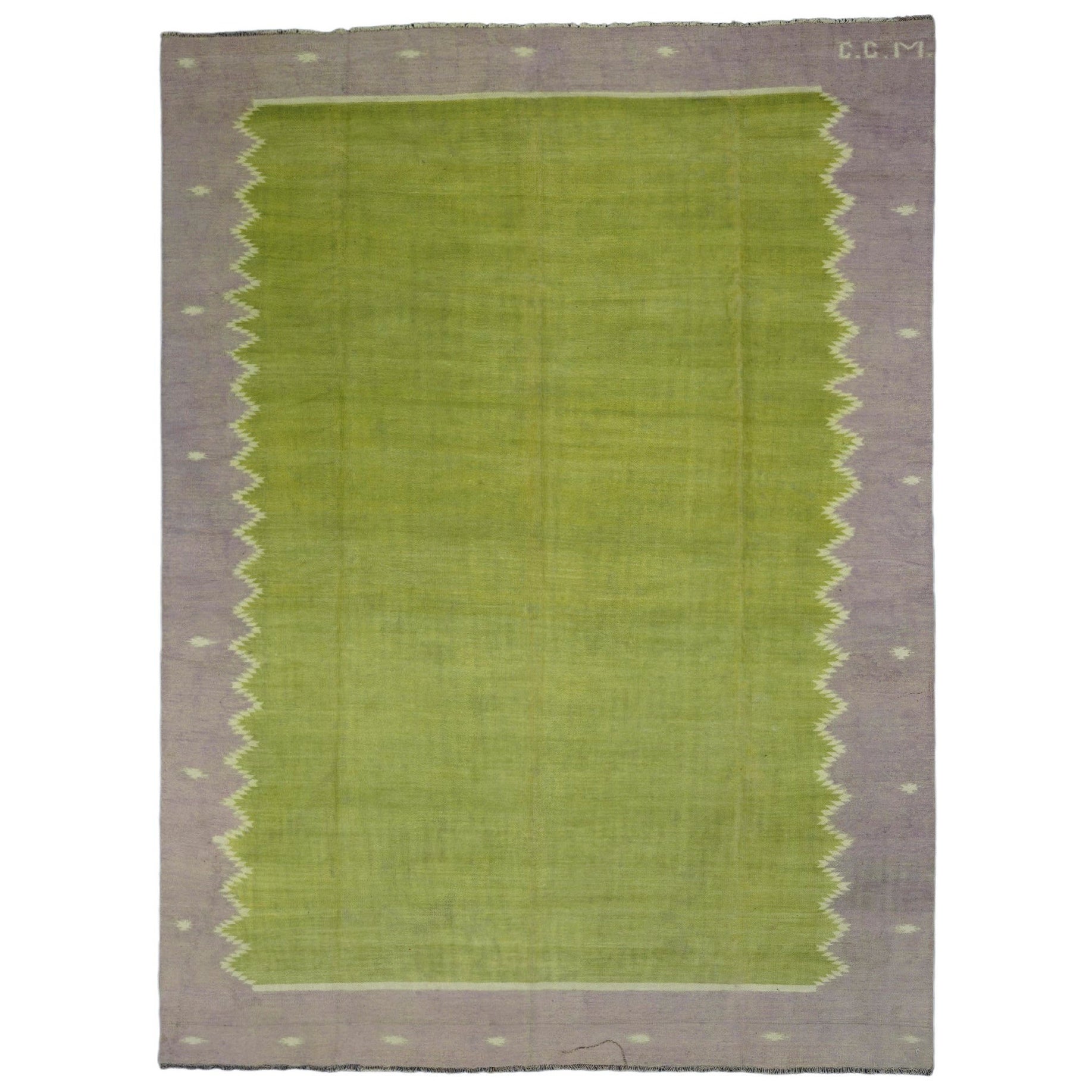 Vintage Dhurrie Solid Rug in Chartreuse with Brown Geometric Border Rug & Kilim