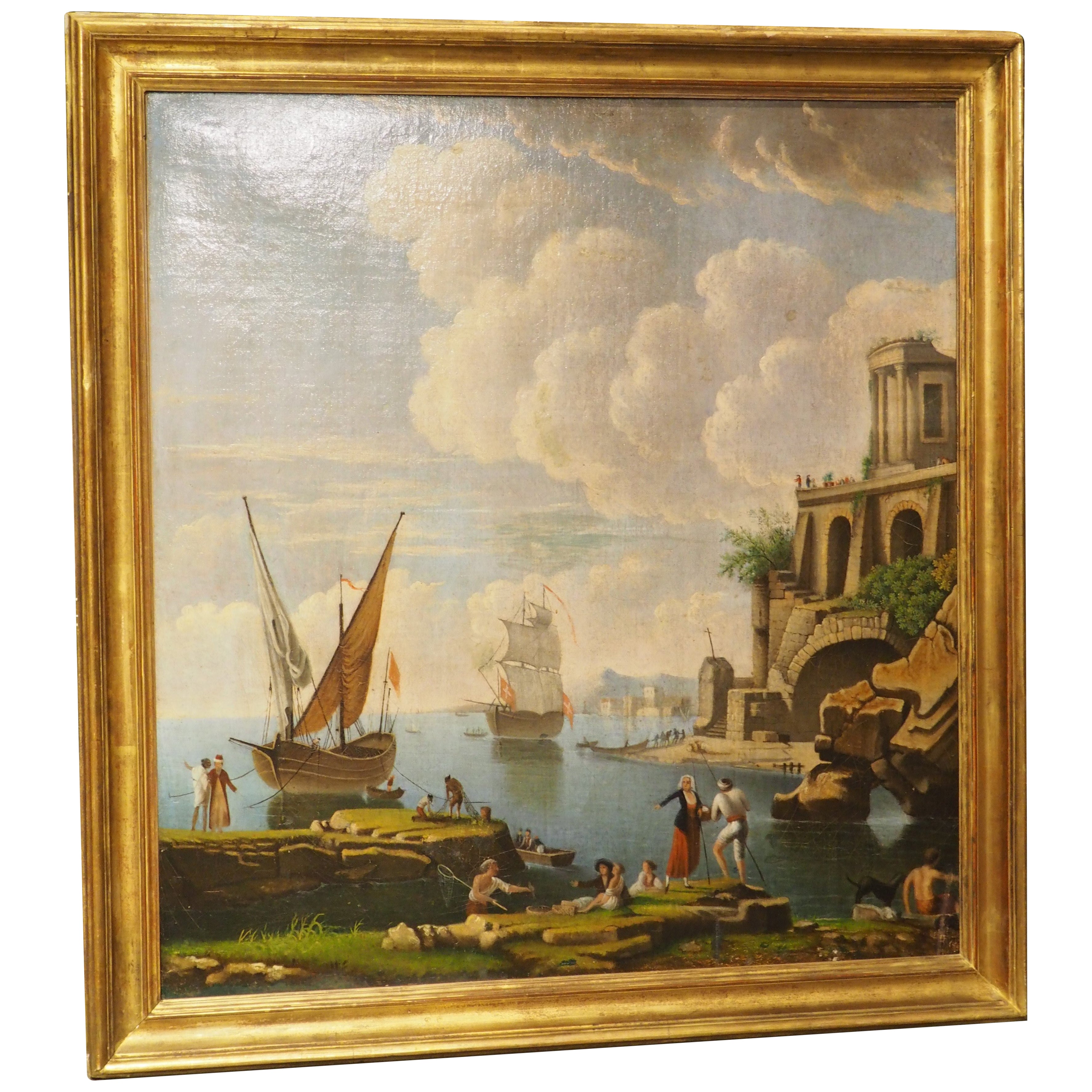 Pintura al óleo de una escena portuaria francesa del siglo XVIII procedente de Provenza