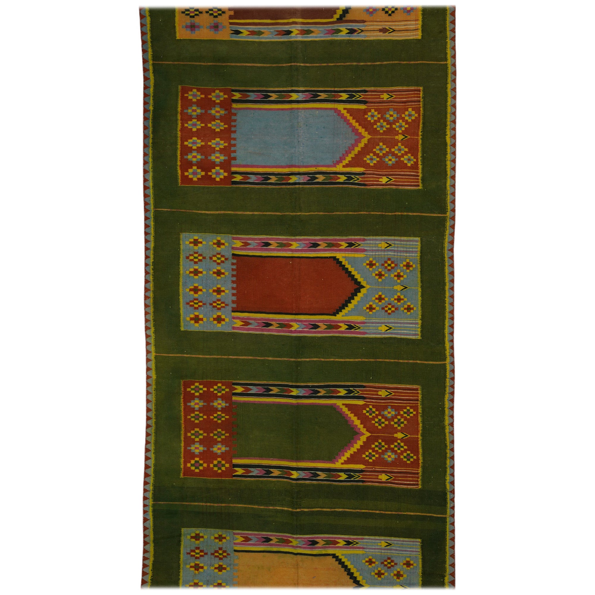 Tappeto vintage Dhurrie Extra-Long Geometric Runner Rug in Greene & Greene  Rug & Kilim