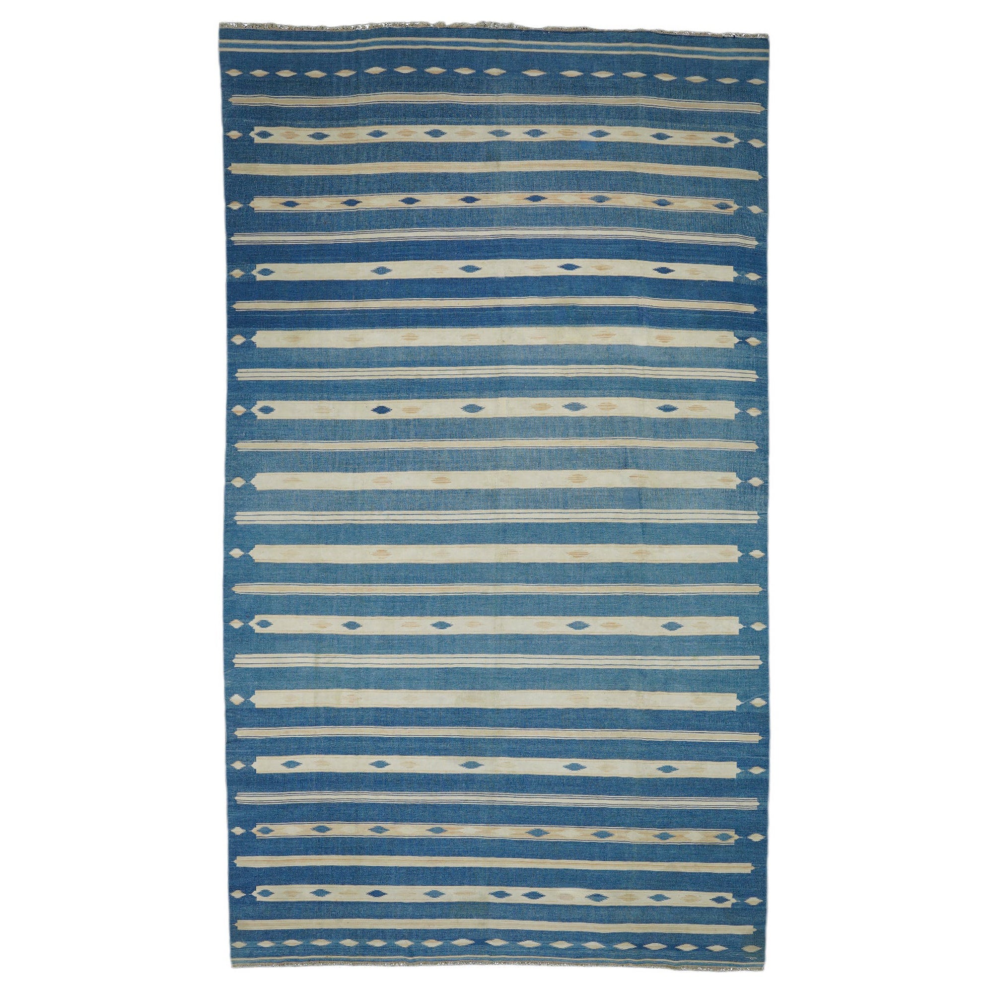 Vintage Dhurrie Runner Rug with Blue and Cream Stripes  Rug & Kilim For Sale
