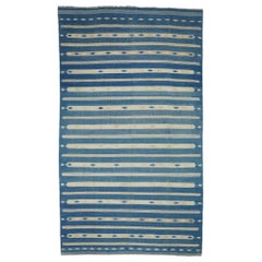 Alfombra Corredera Vintage Dhurrie con Rayas Azul y Crema  Rug & Kilim