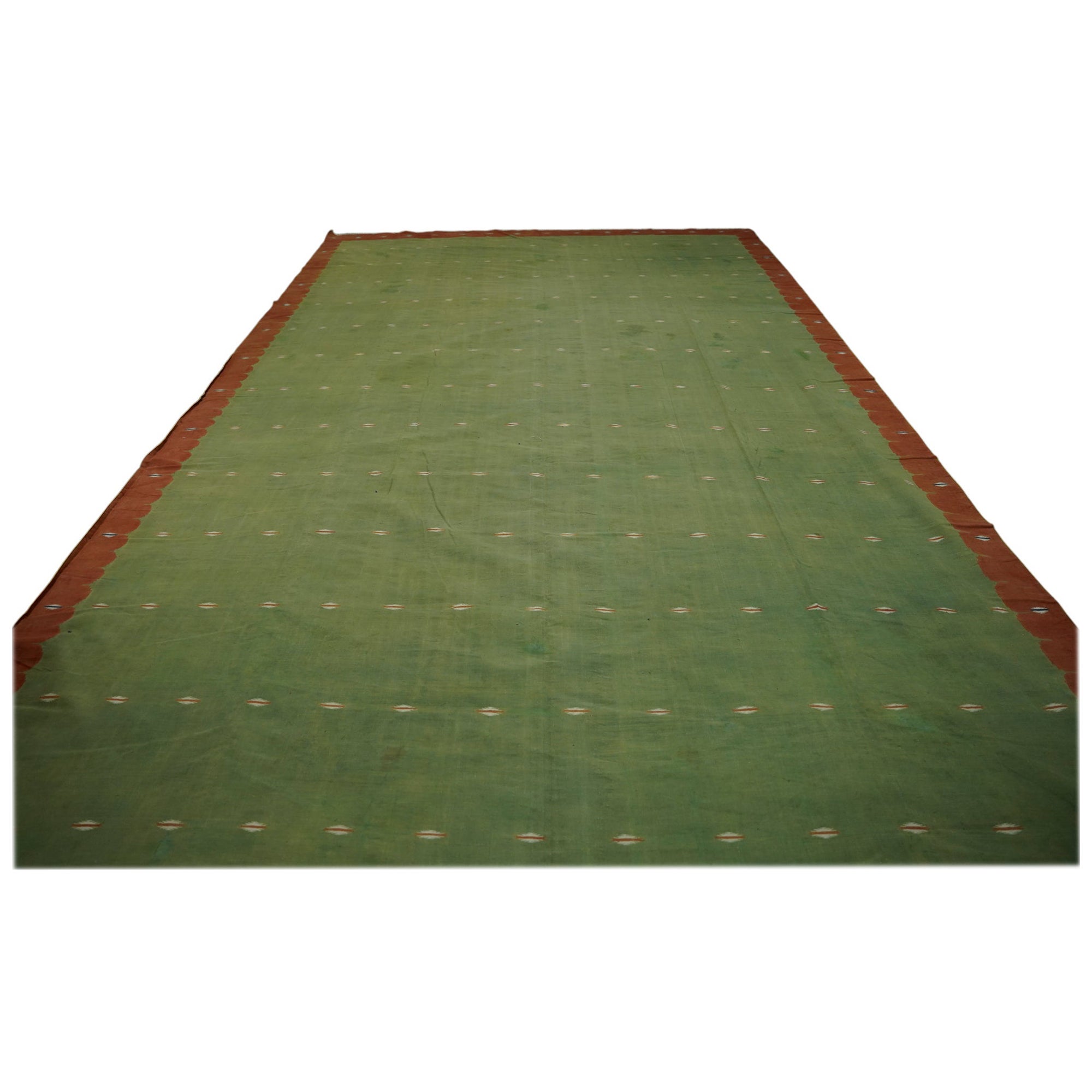 Oversized Vintage Dhurrie Rug in Green with Geometric Pattern  Rug & Kilim