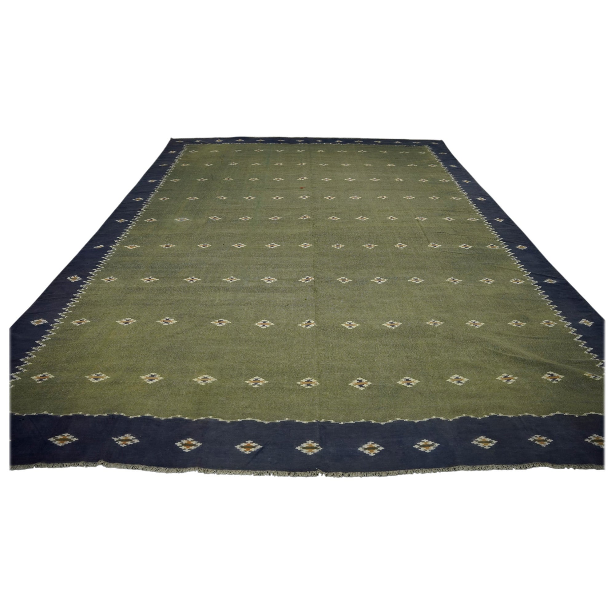 Oversized Vintage Dhurrie Solid Rug in Green with Blue Border  Rug & Kilim