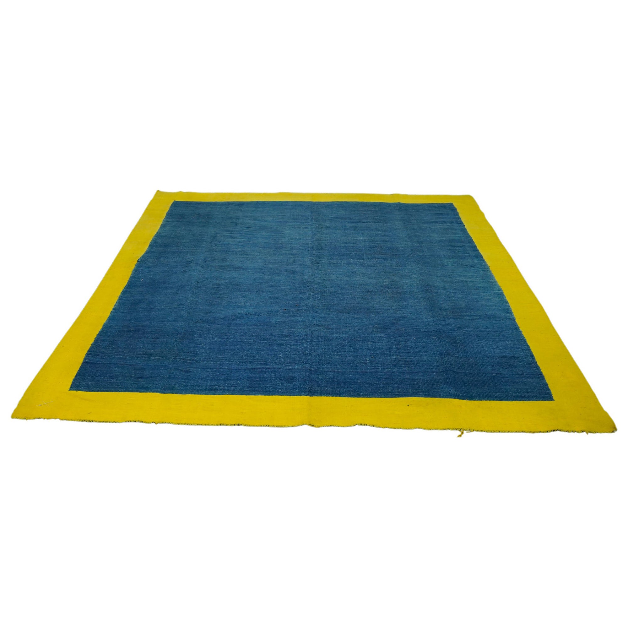 Vintage Dhurrie Solid Rug in Blue Open Field with Yellow Border  Rug & Kilim