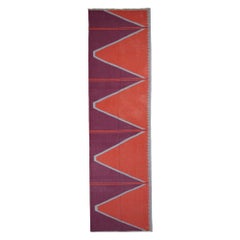 Vintage Dhurrie Extra-Long Runner Rug with Red Geometric Patterns  Rug & Kilim