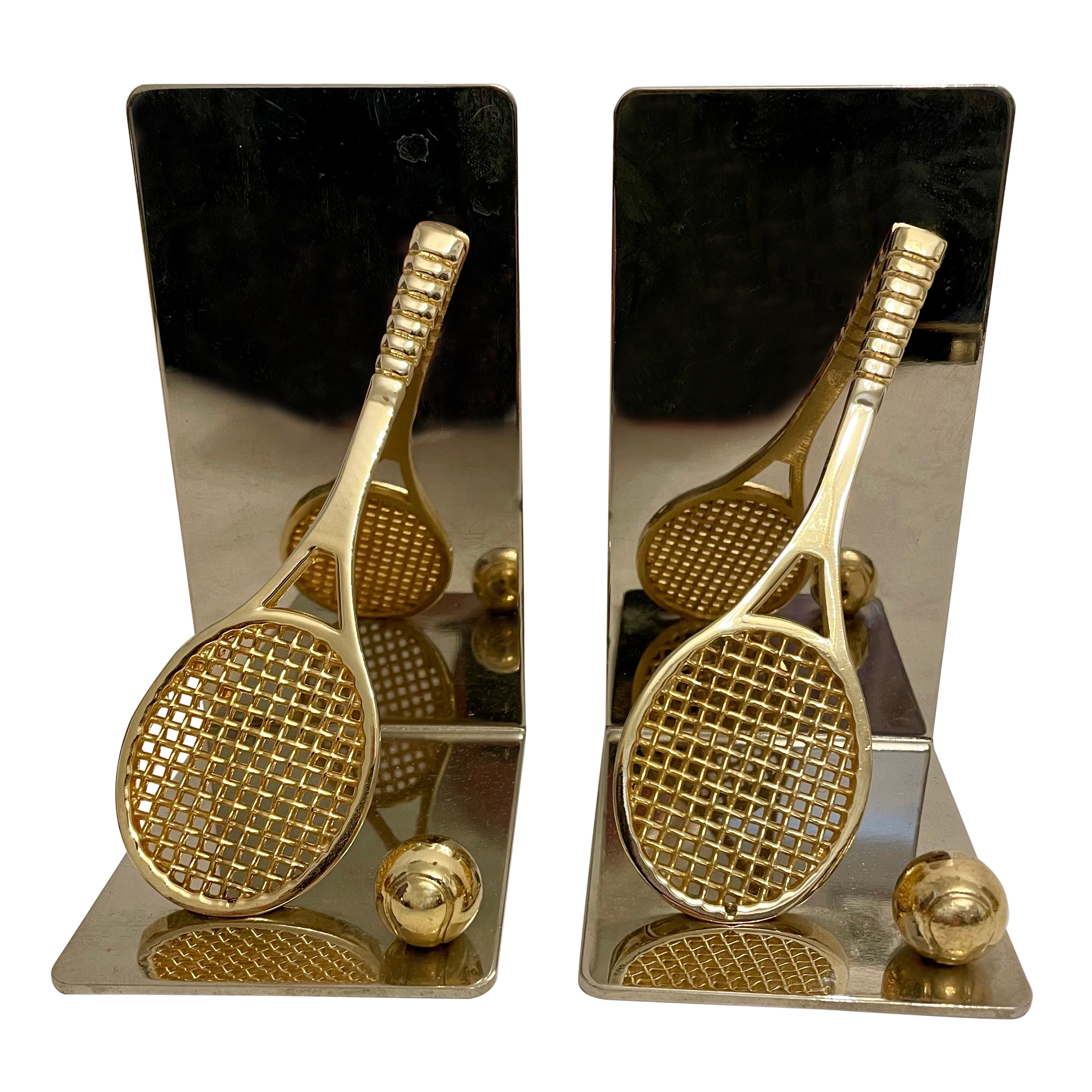 Set of Polished Brass and Chrome Tennis Racket Bookends For Sale