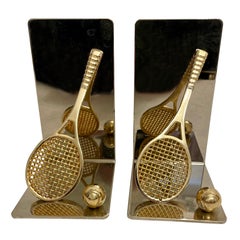 Set of Polished Brass and Chrome Tennis Racket Bookends