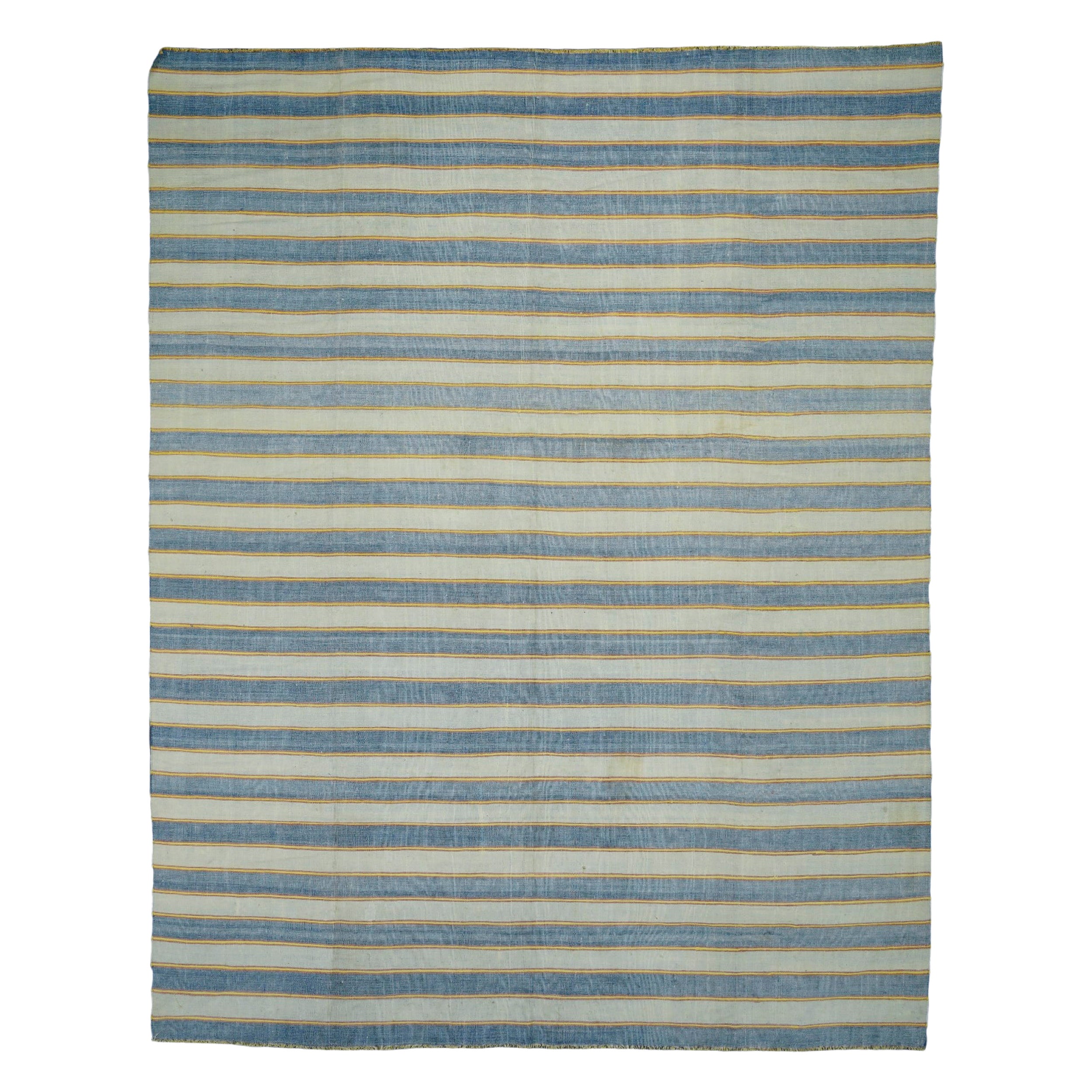 Tapis Dhurrie vintage à rayures bleues avec accents dorés et roses  Rug & Kilim