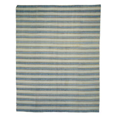 Tapis Dhurrie vintage à rayures bleues avec accents dorés et roses  Rug & Kilim