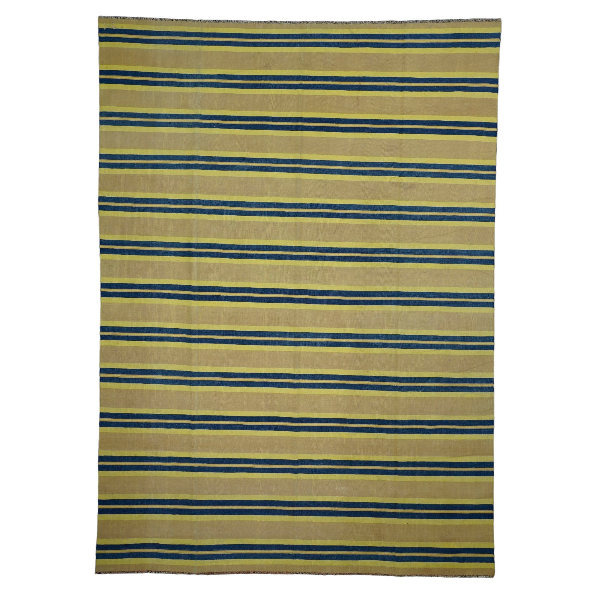 Tappeto vintage Dhurrie con strisce beige-marrone, blu navy e gialle Rug & Kilim