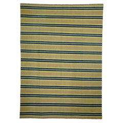 Tapis vintage Dhurrie à rayures beige-brun, bleu marine et jaune Rug & Kilim