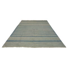 Tapis vintage Dhurrie à rayures bleu clair et Off-White  Rug & Kilim