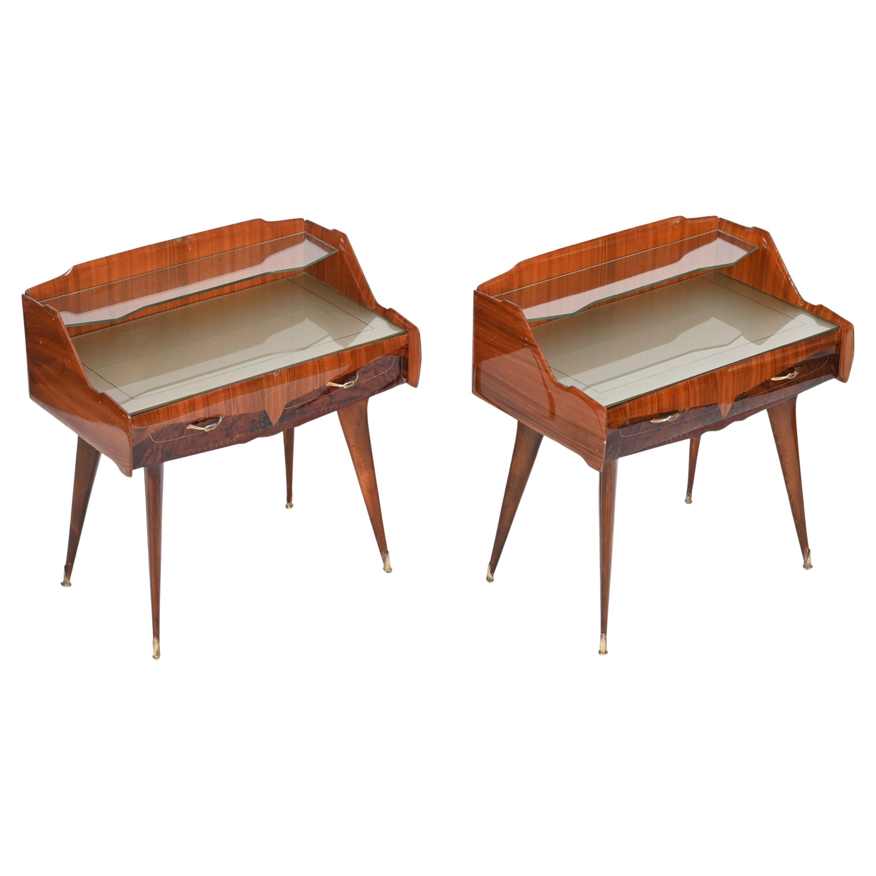 Coppia di comodini in Wood, vetro e ottone, Paolo Buffa, Italia 1950s