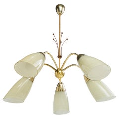 French Designer, Chandelier, Brass, Glass, Cord, France, 1950s