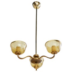 Swedish Designer, Chandelier, Brass, Glass, Sweden, 1940s