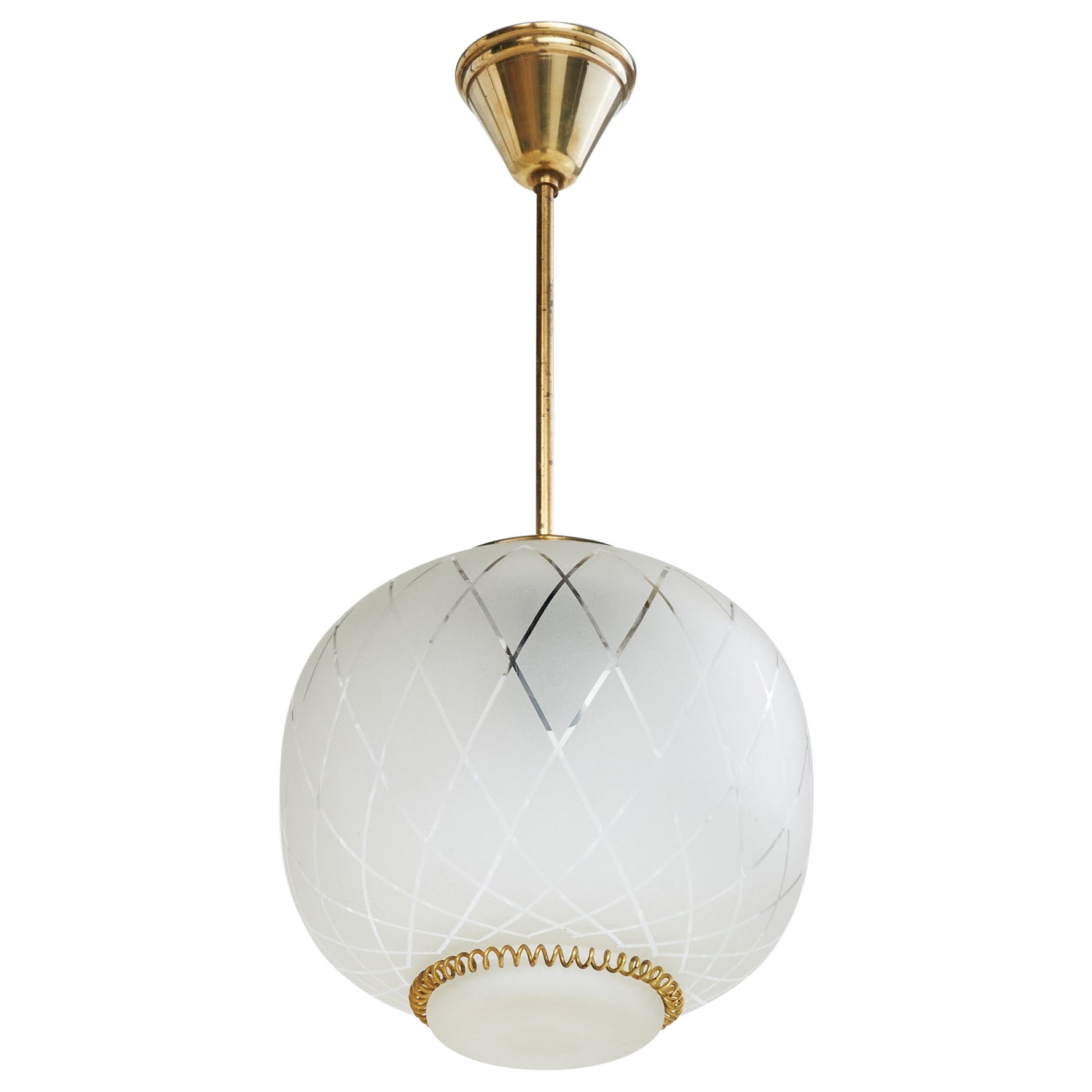 Stockmann-Orno, Pendant Light, Brass, Glass, Finland, 1940s