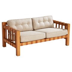 French Designer, Sofa, Oak, Leather, Fabric, France, 1970s