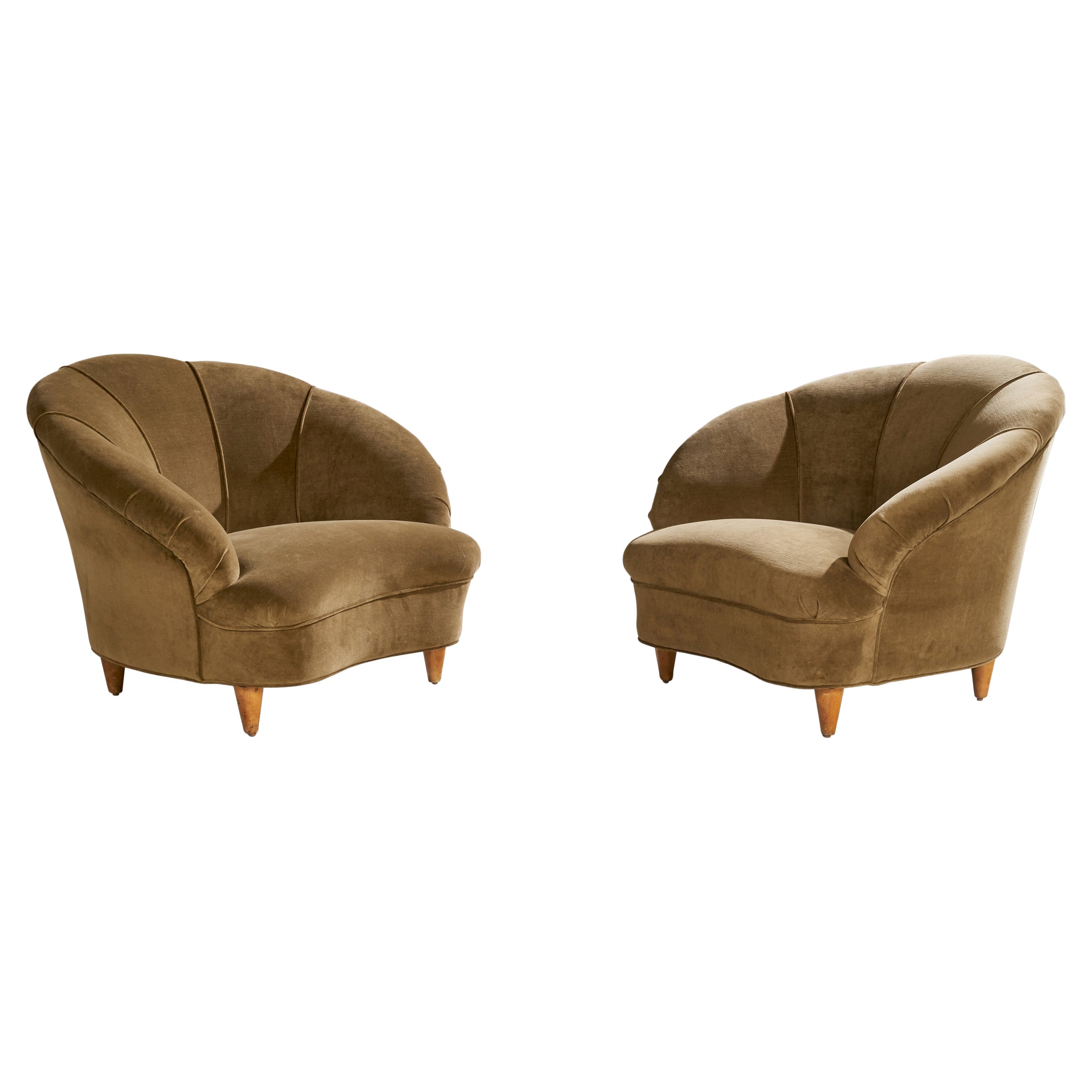 Italian Designer, Lounge Chairs, Wood, Fabric, Italy, 1950s