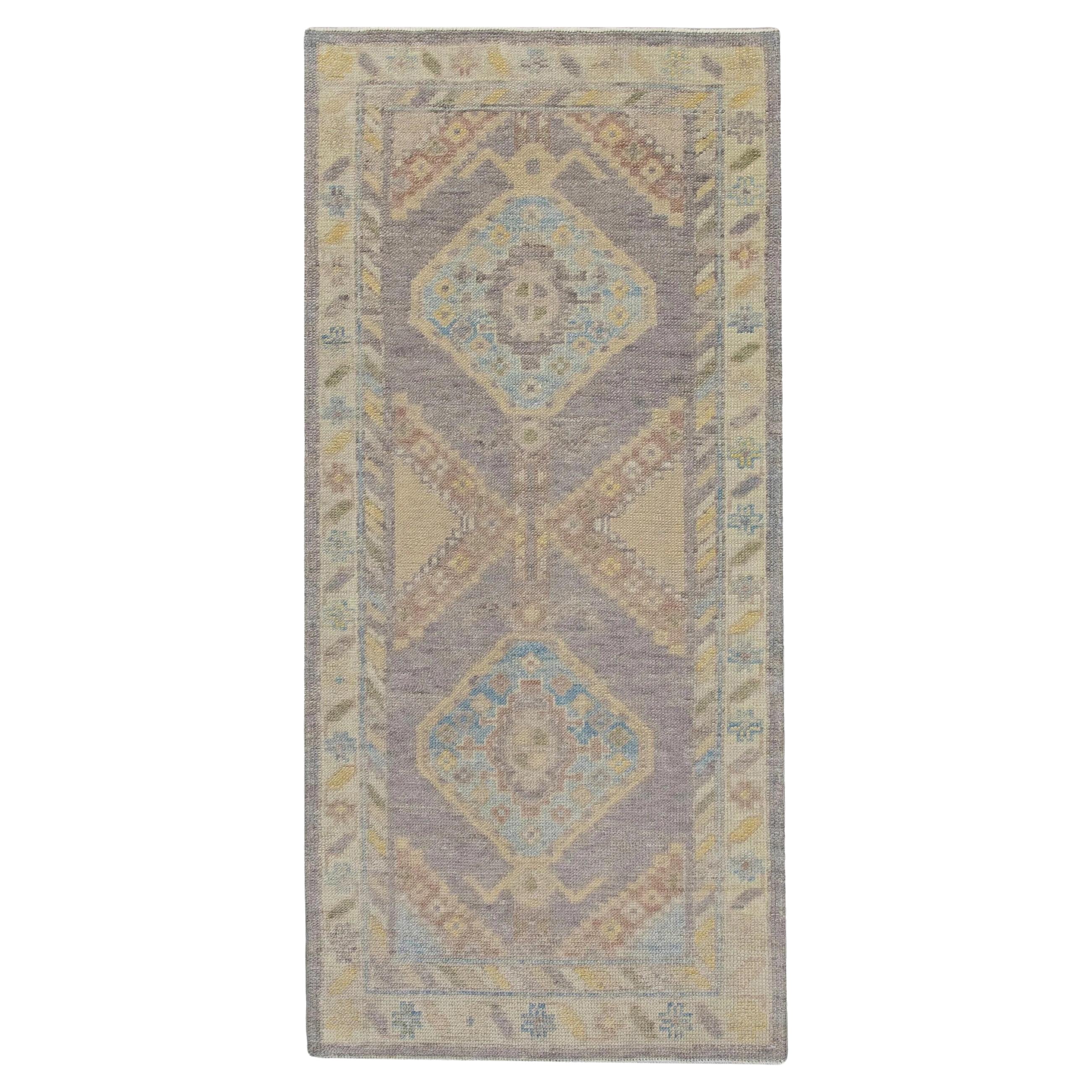 Turkish Oushak Rug Purple Medallion Handwoven Wool Rug 2'10" x 6'1"