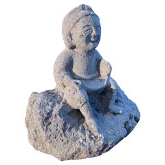 Giappone Sorridente Ebisu - Pietra da giardino scolpita Effigie del Dio della prosperità