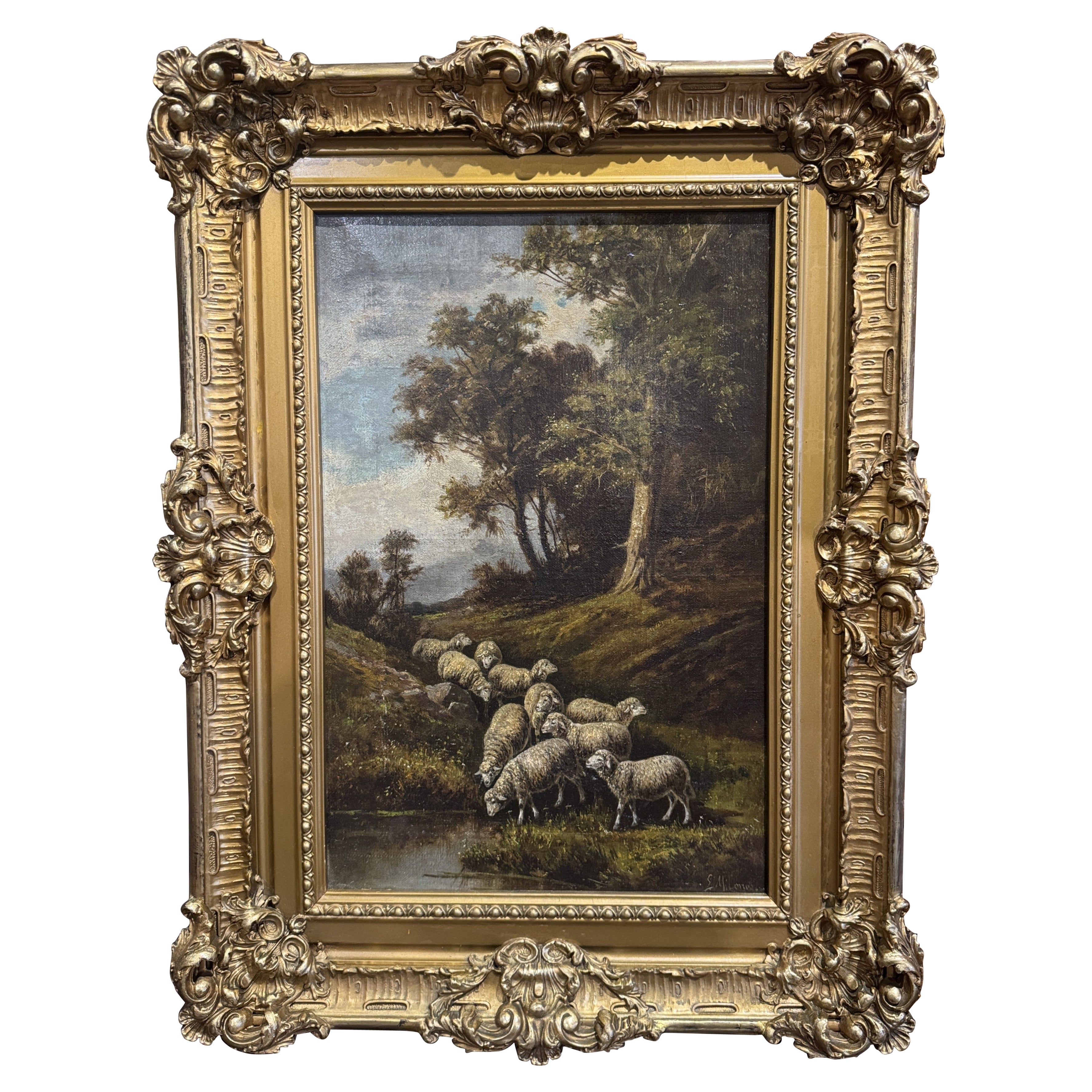 Oveja italiana del siglo XIX Pintura al óleo en marco dorado tallado Firmado G. Milone