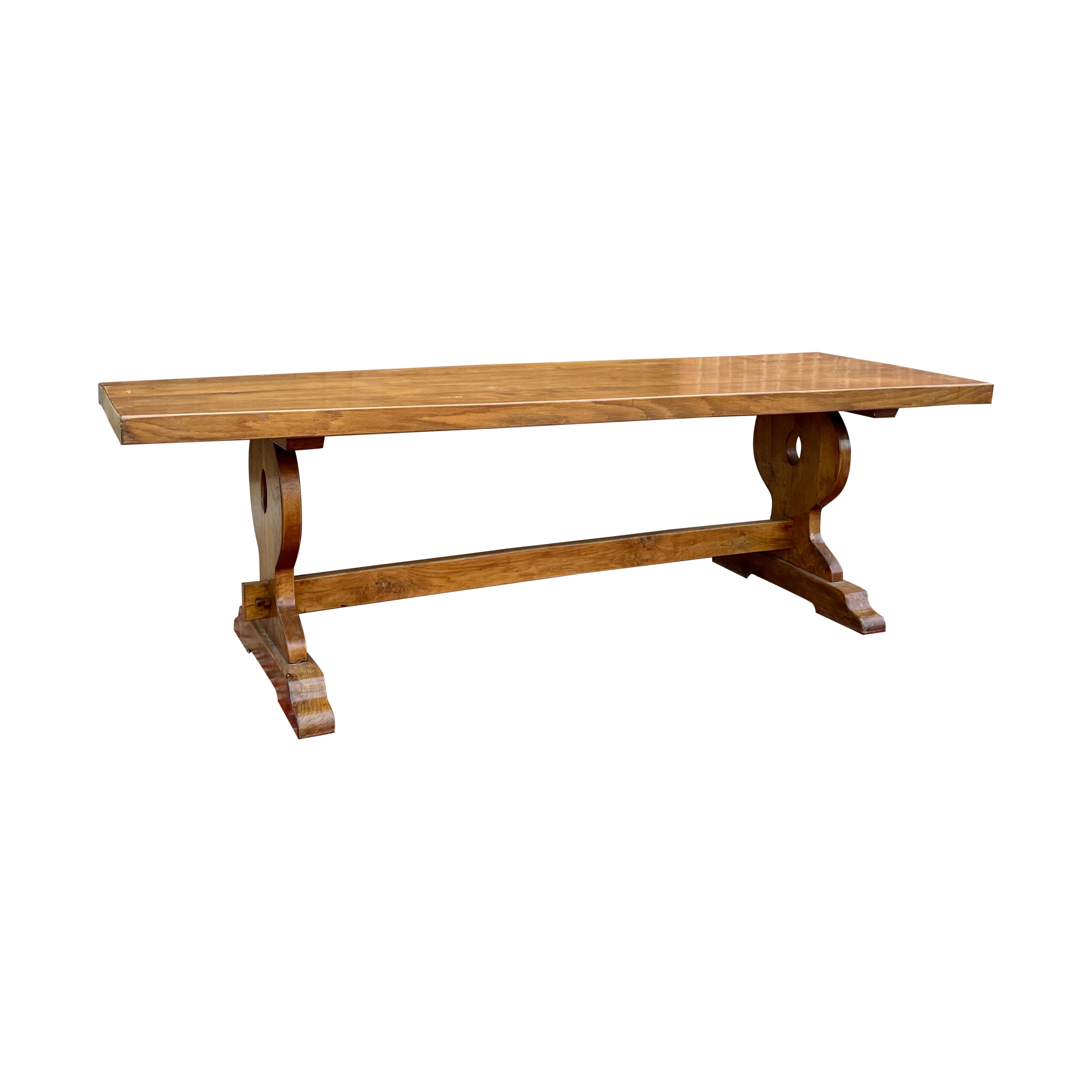 Antique French Country Farm Dining Table Farmhouse Trestle Base Honey Oak c.1920 in vendita