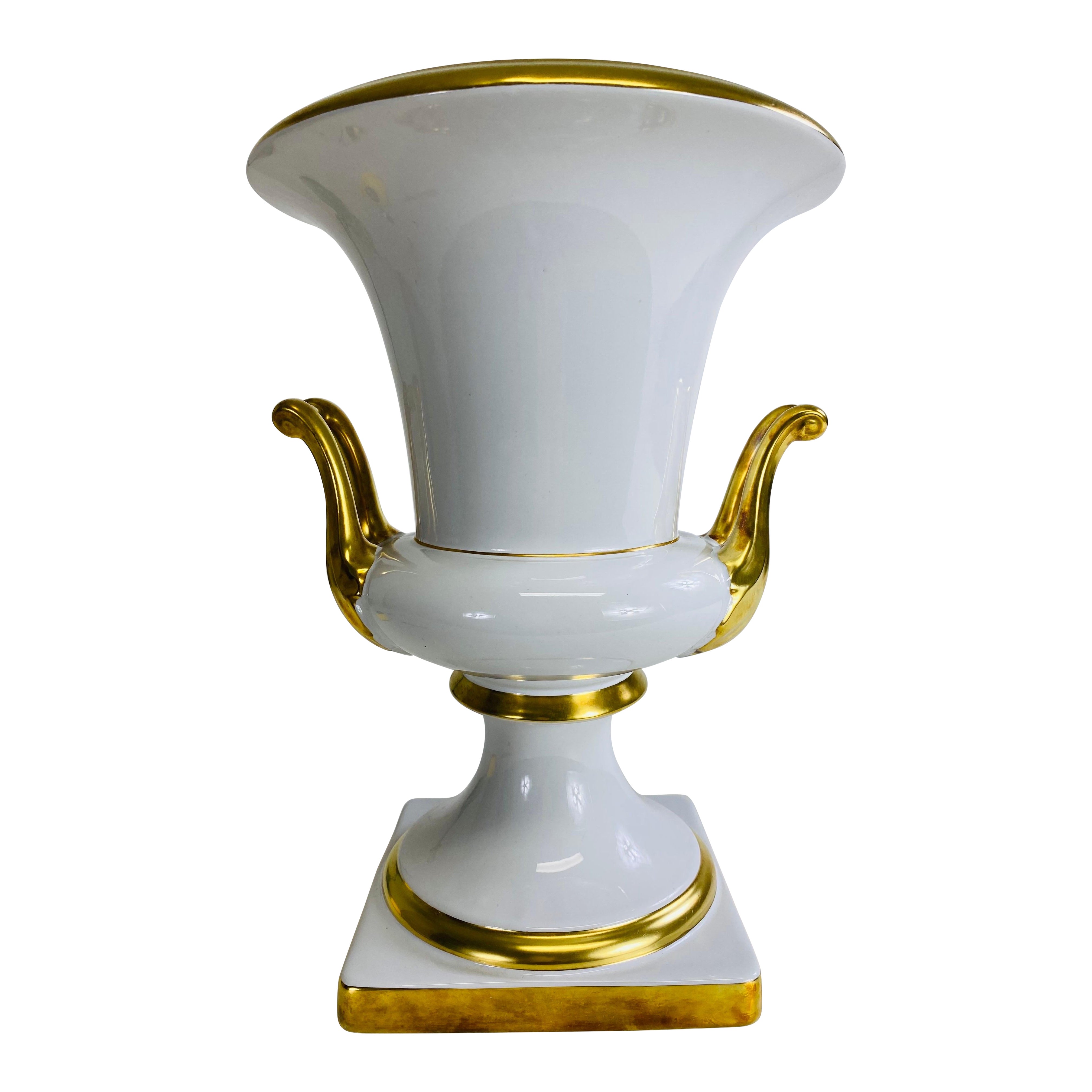 Mid-century vintage white and gold German porcelain classical urn/vase