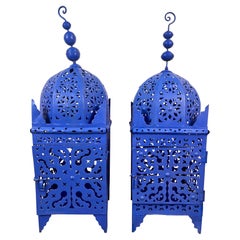 Moroccan Garden Handmade Blue Metal Floor Candleholder or Lantern, a Pair
