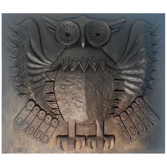 Modernist Cast Iron Fireback Showing an Owl Signed by Lucas For Stern
