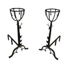 Important Pair of Wrought Iron Landiers Andirons with Deer Heads