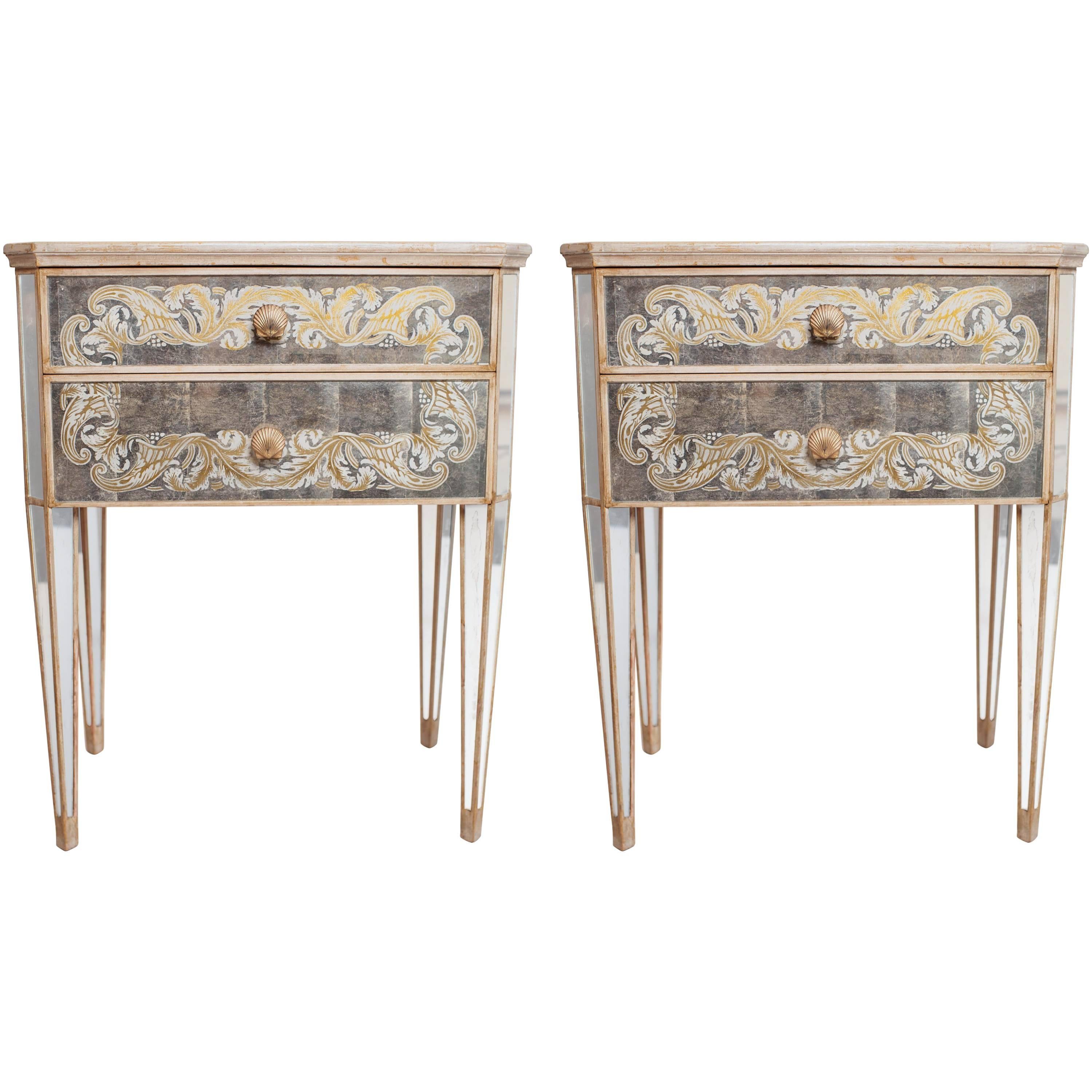 Mid-20th Century Pair of Italian Mirror & Silver Leaf Side Tables