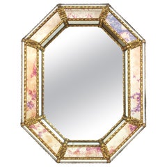 Venetian Modern Octagonal Small Wall Mirror, Pink Purple Golden Glass and Brass