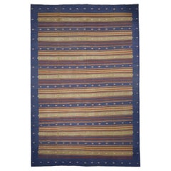 Tapis Dhurrie vintage surdimensionné en bleu avec rayures et motifs  Rug & Kilim