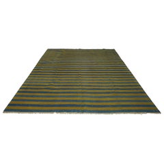 Tapis Dhurrie vintage à rayures bleues et vertes  Rug & Kilim
