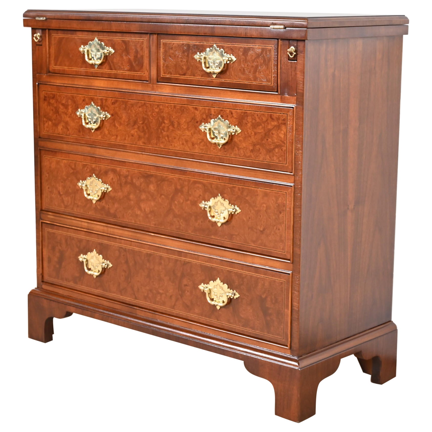 Baker Furniture Georgian Burled Walnut Flip Top Server o Bachelor Chest
