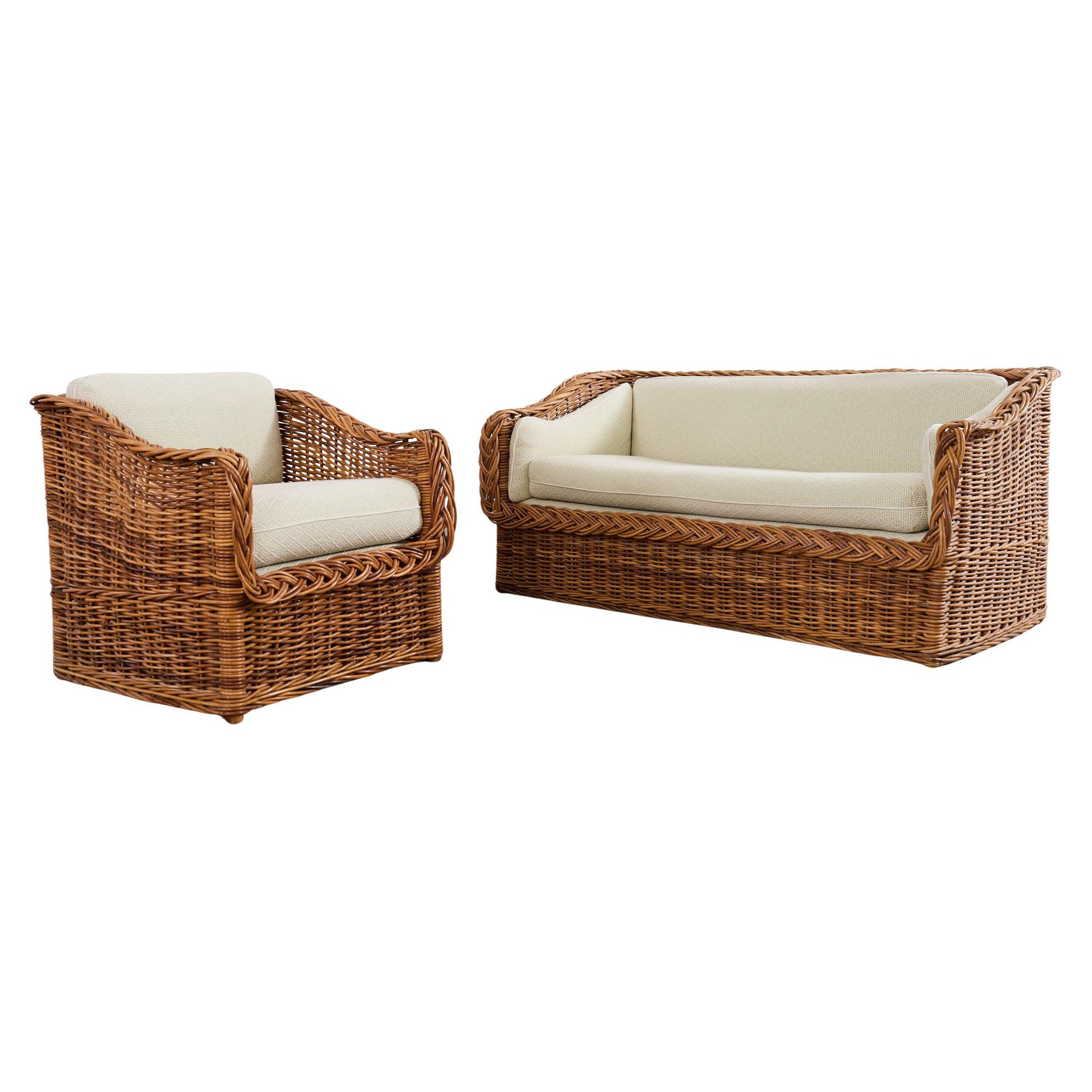Sessel aus Korbweide-Rattan im Michael Taylor-Stil in Scalamandre-Stil