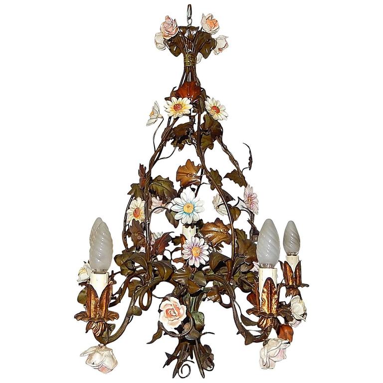 Italian 1870 Tole Polychrome Porcelain Flowers Chandelier For 1890 Italian Tole Porcelain Flowers Chandelier