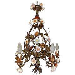 1890 Italian Tole Porcelain Flowers Chandelier 2