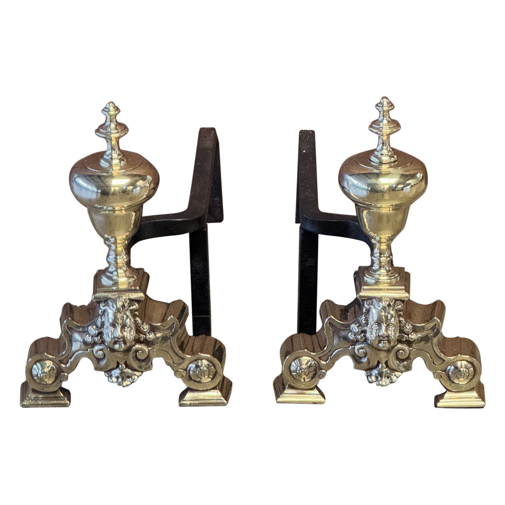 French Louis XIV Style Period Andirons, Firedogs, 19th Century