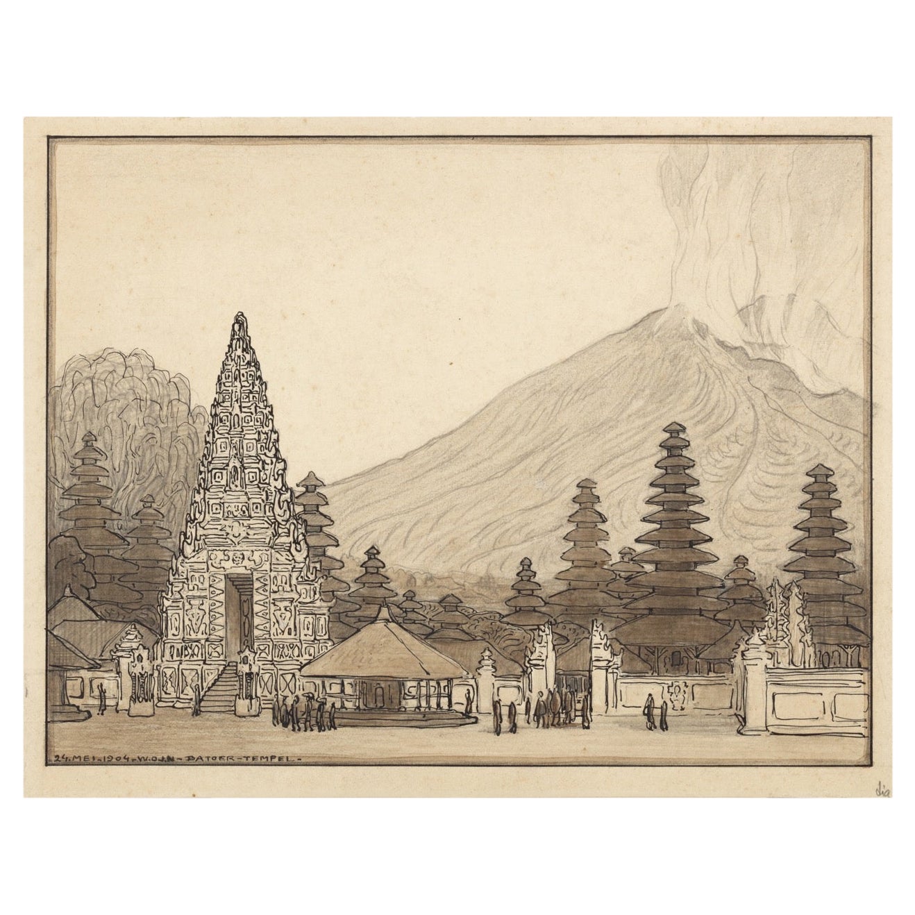 W.O.J. Nieuwenkamp (1874-1950) Batur- Tempel und Batur-Gebirge vor der Errichtung