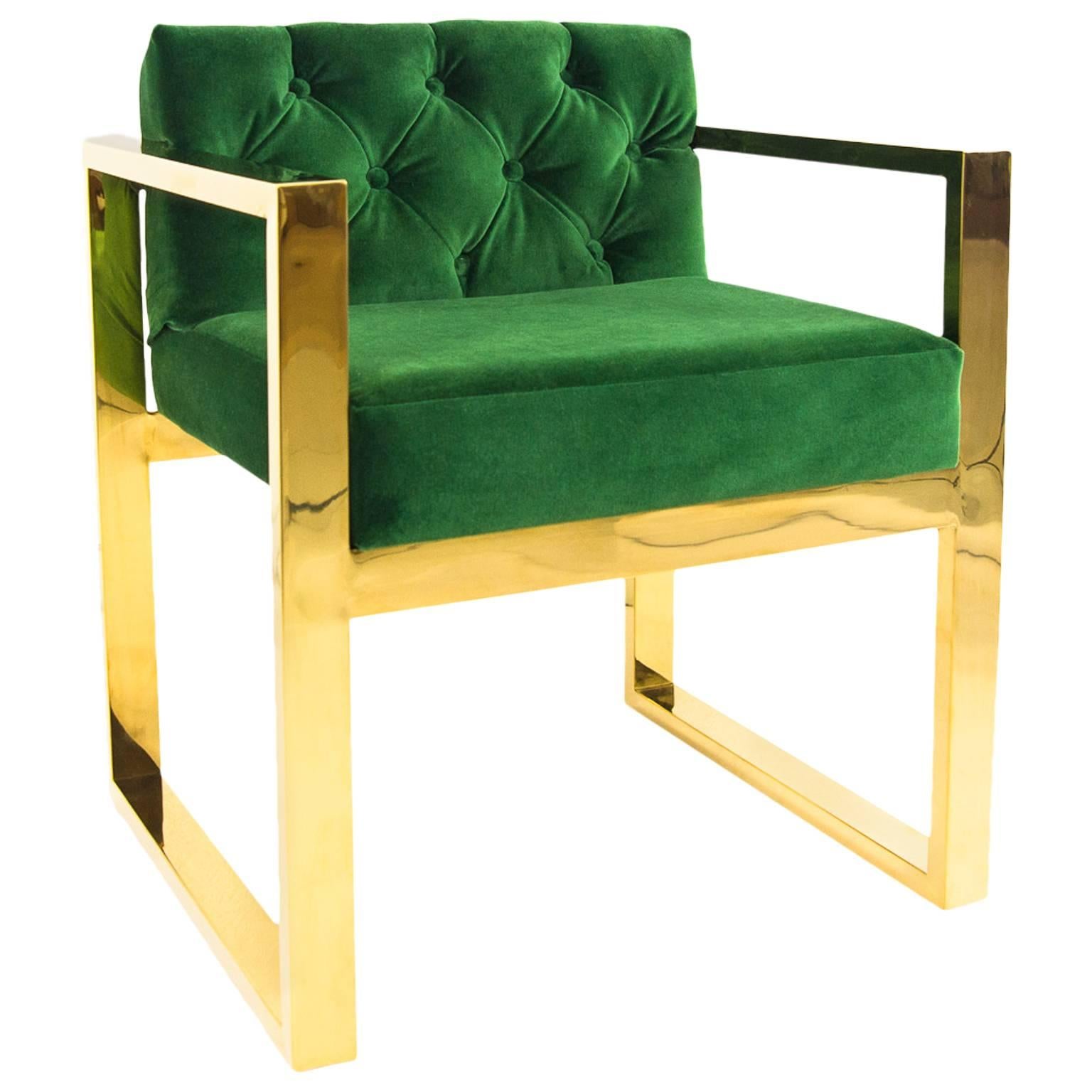 Modern Style Kube Chair Tufted in Emerald Green Velvet w/ Brass U-Leg Frame For Sale
