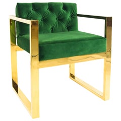 Modern Style Kube Chair Tufted in Emerald Green Velvet w/ Brass U-Leg Frame