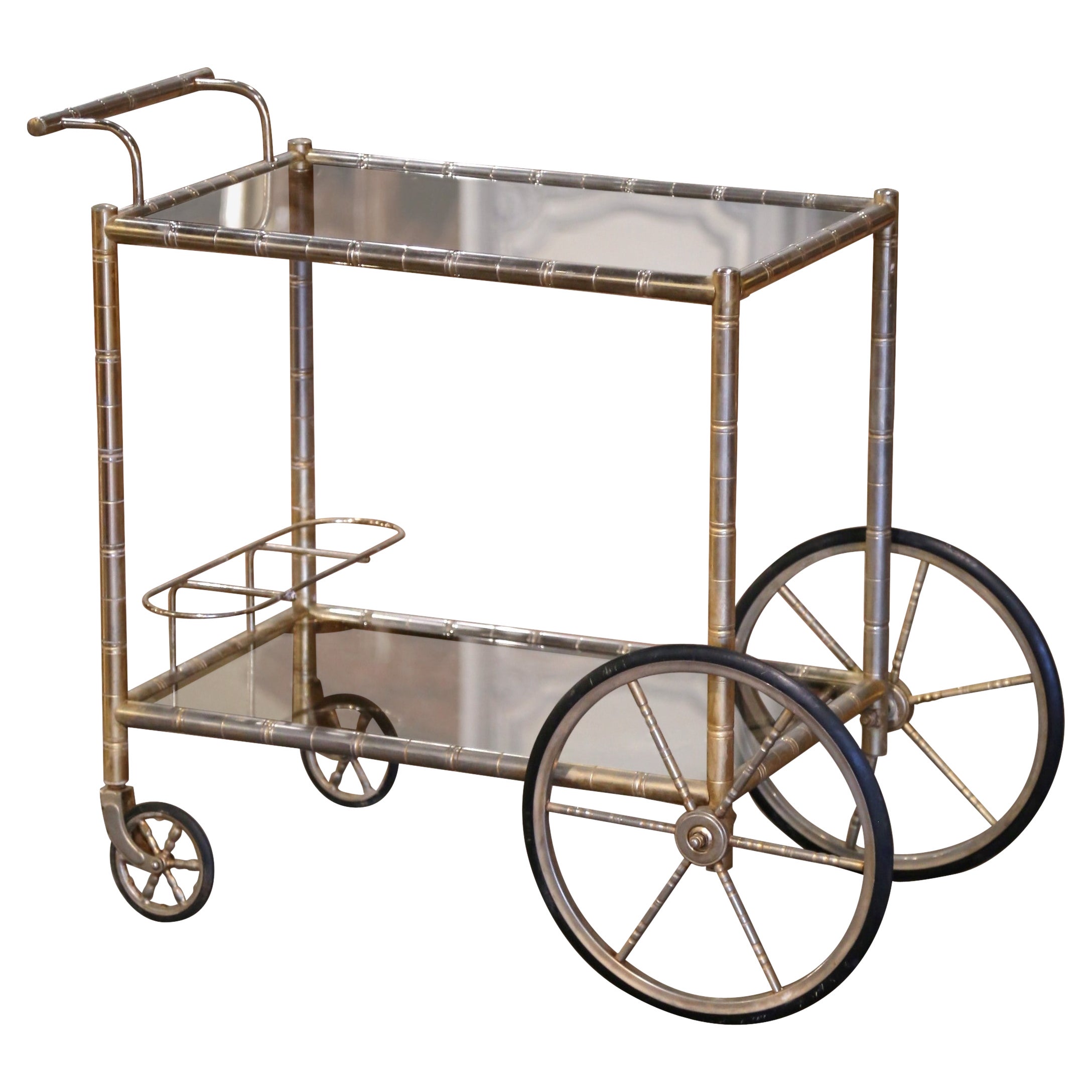 Early 20th Century French Silvered Brass Faux Bamboo Bar Cart Bagues Style